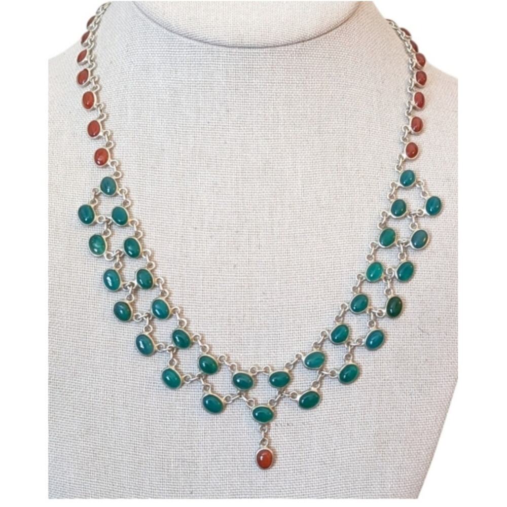 Vtg Green & Red Onyx Cabochons 925 Sterling Silver Collar Hook Clasp Necklace